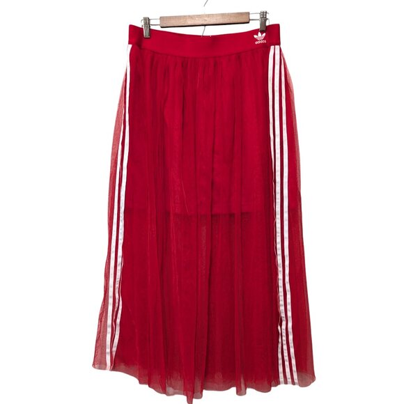 Adidas Womens Size XL Red Tulle Mesh Overlay 3 Side Stripes Pullon Midi Skirt - Picture 1 of 11